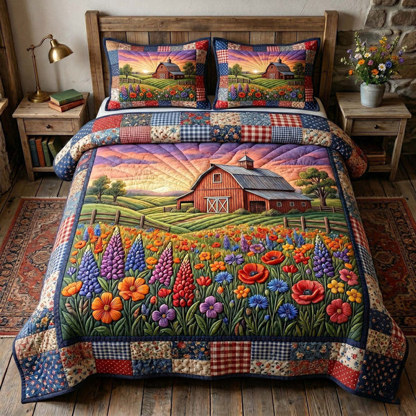 Farmhouse Charm quilted 3-piece bedding set on a made bed in a farmhouse bedroom