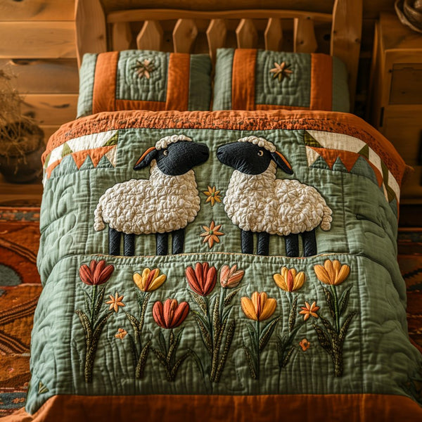 Farmhouse Cozy quilted 3-piece bedding set on a made bed in a farmhouse bedroom