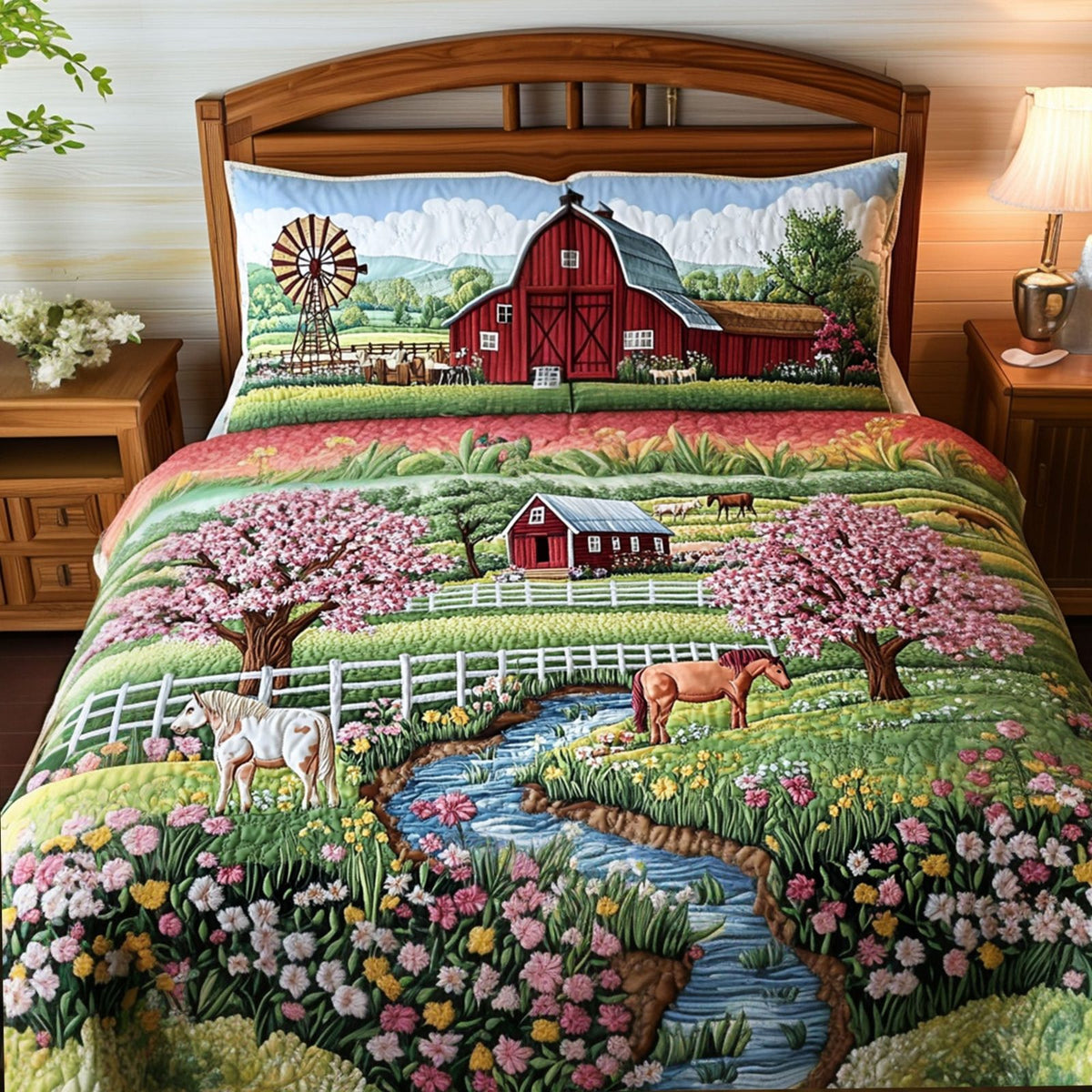 Farmhouse Dream quilted 3-piece bedding set on a made bed in a farmhouse bedroom