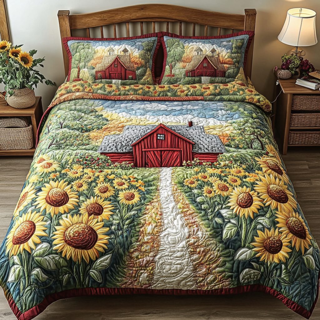 Farmhouse Dream quilted 3-piece bedding set on a made bed in a farmhouse bedroom