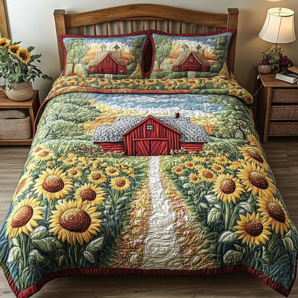 Farmhouse Dream quilted 3-piece bedding set on a made bed in a farmhouse bedroom