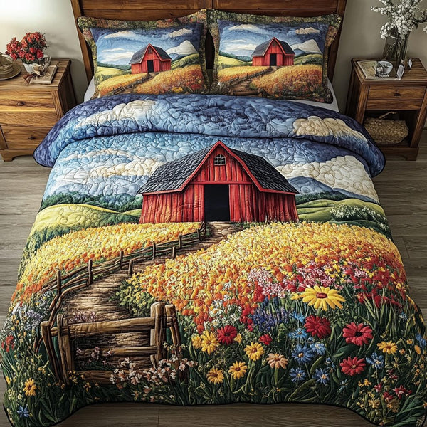 Farmhouse Dreams quilted 3-piece bedding set on a made bed in a farmhouse bedroom