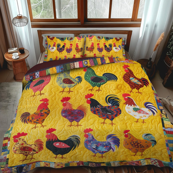Farmhouse Feathers quilted 3-piece bedding set on a made bed in a farmhouse bedroom