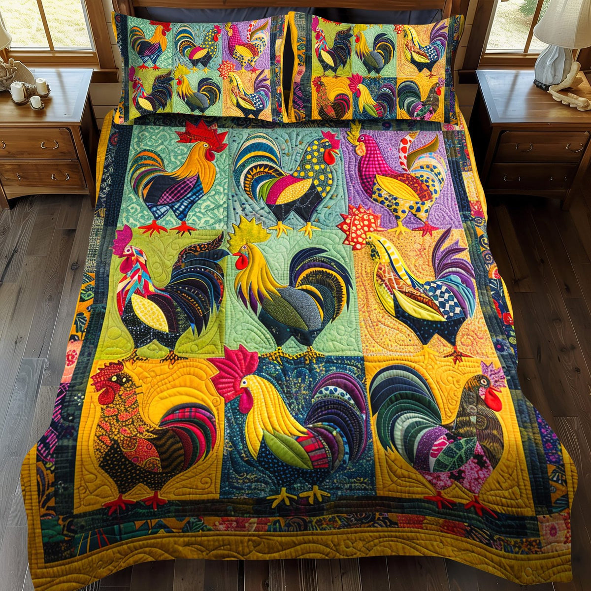 Farmhouse Fiesta quilted 3-piece bedding set on a made bed in a farmhouse bedroom