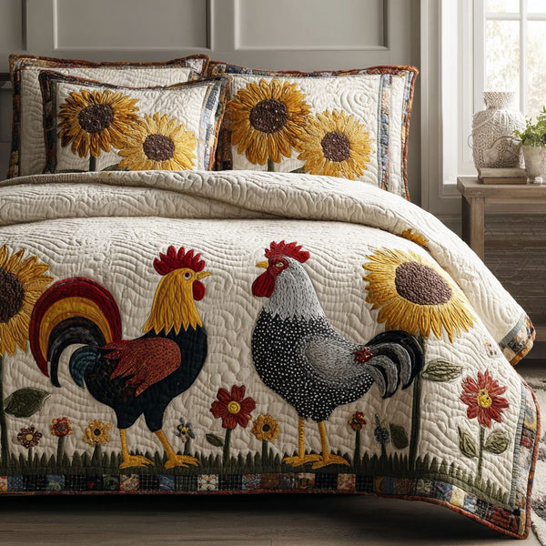 Farmhouse Flock quilted 3-piece bedding set on a made bed in a farmhouse bedroom