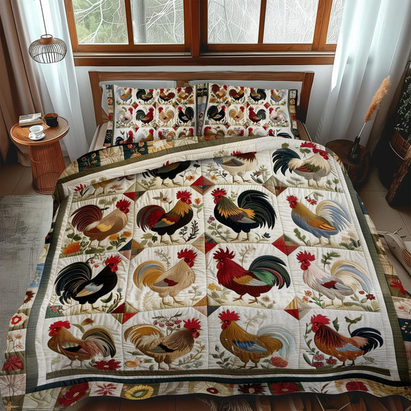 Farmhouse Fowl quilted 3-piece bedding set on a made bed in a farmhouse bedroom