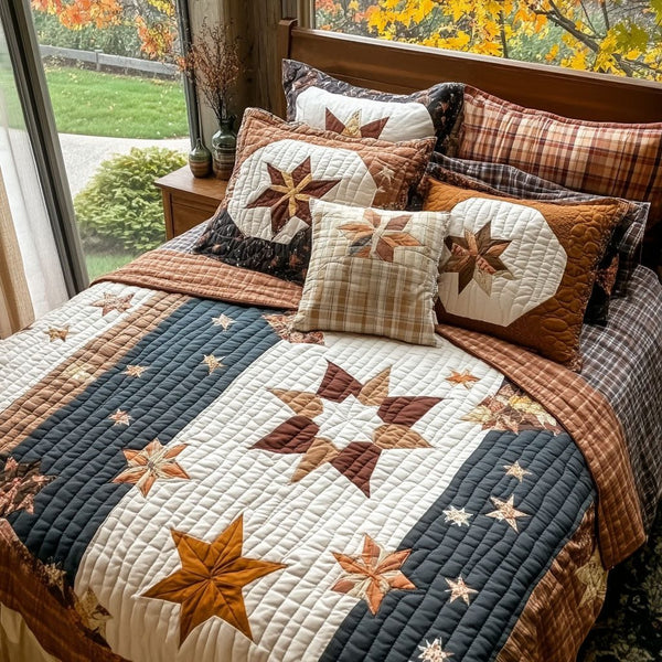 Farmhouse Glow quilted 3-piece bedding set on a made bed in a farmhouse bedroom