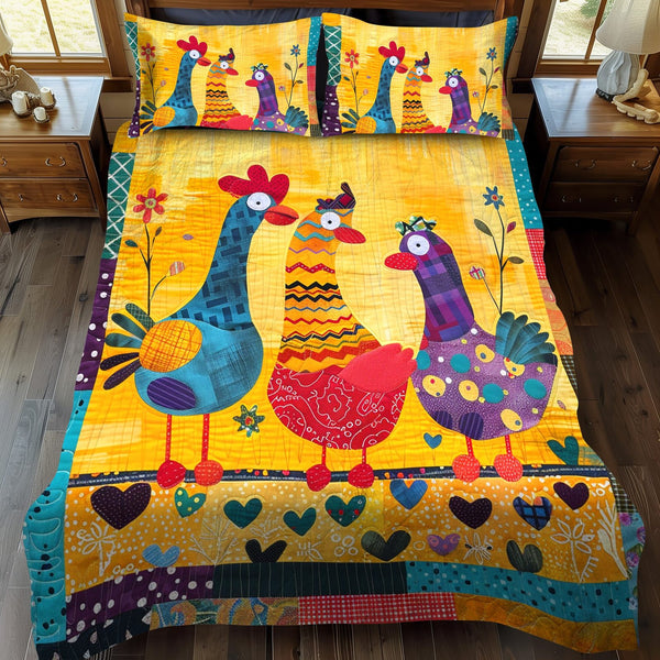 Farmhouse Gossip quilted 3-piece bedding set on a made bed in a farmhouse bedroom