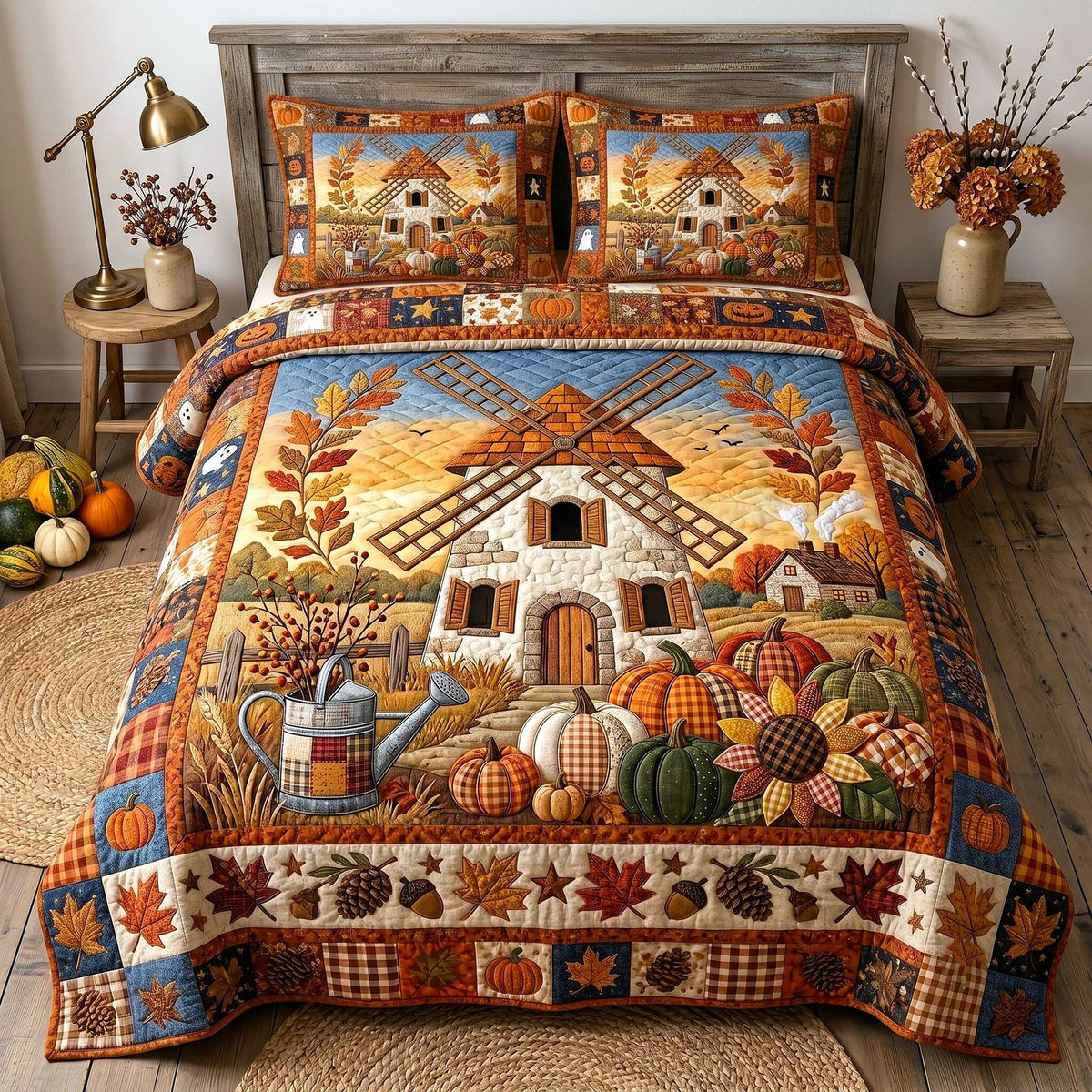 Farmhouse Harvest quilted 3-piece bedding set on a made bed in a farmhouse bedroom