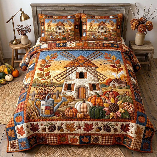 Farmhouse Harvest quilted 3-piece bedding set on a made bed in a farmhouse bedroom