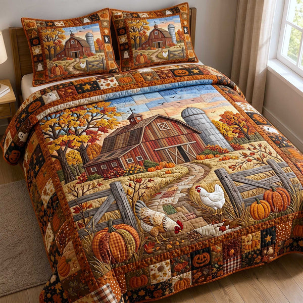 Farmhouse Harvest quilted 3-piece bedding set on a made bed in a farmhouse bedroom
