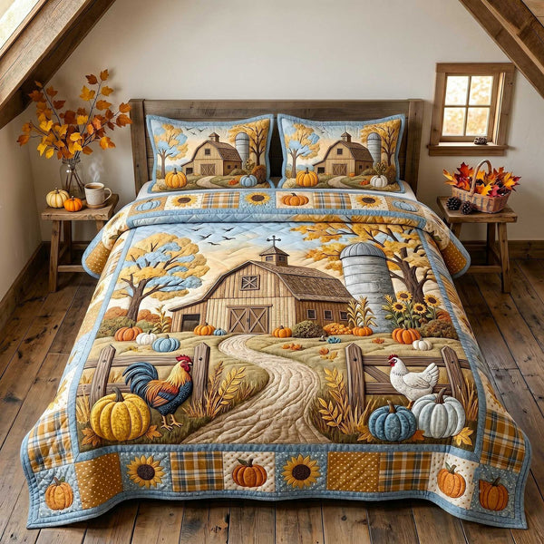 Farmhouse Harvest quilted 3-piece bedding set on a made bed in a farmhouse bedroom