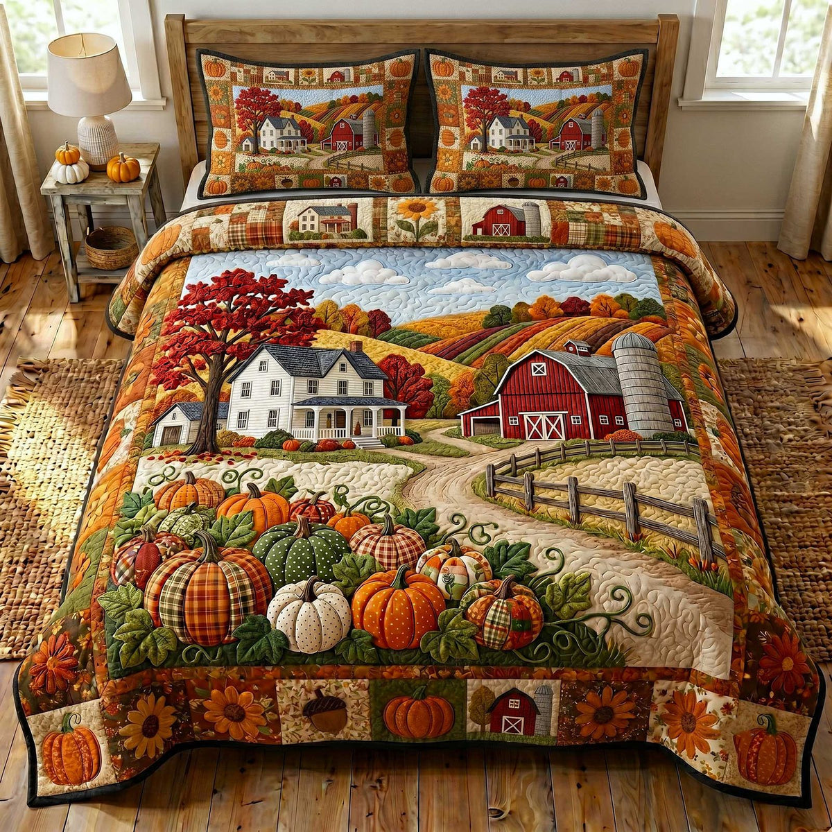 Farmhouse Harvest quilted 3-piece bedding set on a made bed in a farmhouse bedroom