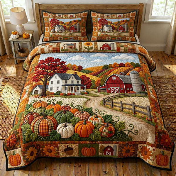 Farmhouse Harvest quilted 3-piece bedding set on a made bed in a farmhouse bedroom