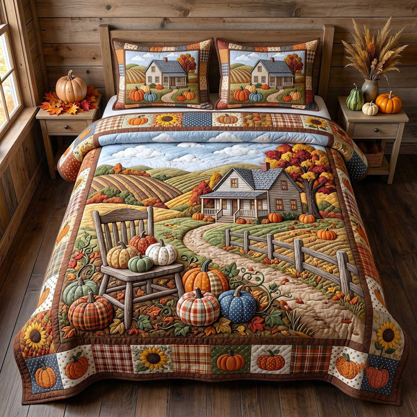 Farmhouse Harvest quilted 3-piece bedding set on a made bed in a farmhouse bedroom