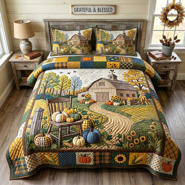 Farmhouse Harvest quilted 3-piece bedding set on a made bed in a farmhouse bedroom