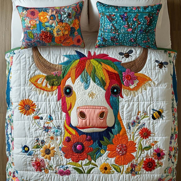 Farmhouse Highland Love quilted 3-piece bedding set on a made bed in a farmhouse bedroom