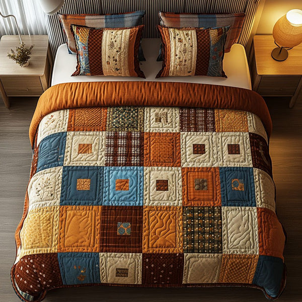 Farmhouse Patchwork quilted 3-piece bedding set on a made bed in a farmhouse bedroom