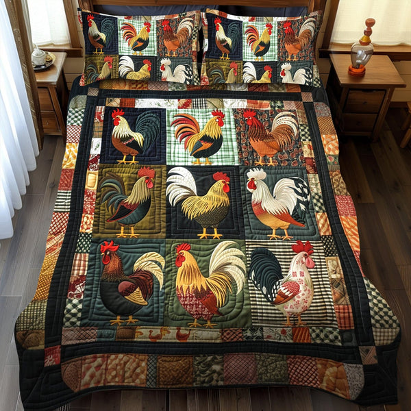 Farmhouse Patchwork quilted 3-piece bedding set on a made bed in a farmhouse bedroom