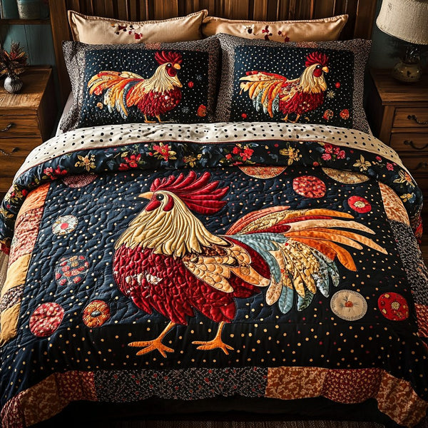 Farmhouse Rooster quilted 3-piece bedding set on a made bed in a farmhouse bedroom