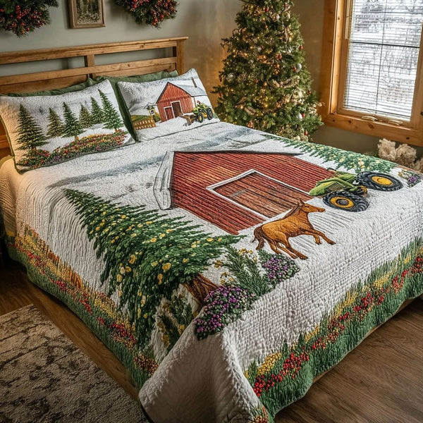 Farmhouse Snow quilted 3-piece bedding set on a made bed in a farmhouse bedroom