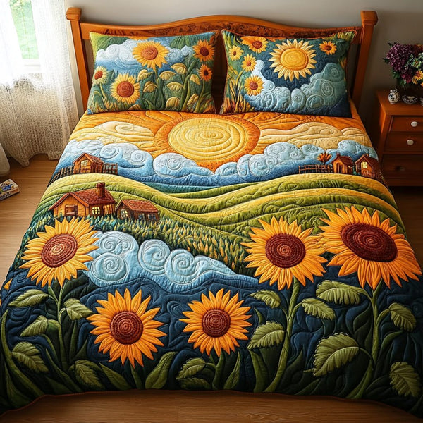 Farmhouse Sun quilted 3-piece bedding set on a made bed in a farmhouse bedroom