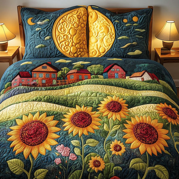 Farmhouse Sunflower Dream quilted 3-piece bedding set on a made bed in a farmhouse bedroom