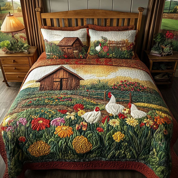 Farmhouse Sunrise quilted 3-piece bedding set on a made bed in a farmhouse bedroom