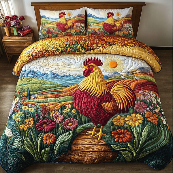 Farmhouse Sunrise quilted 3-piece bedding set on a made bed in a farmhouse bedroom