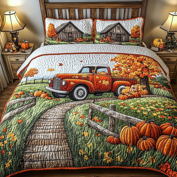 Farmhouse Truck quilted 3-piece bedding set on a made bed in a farmhouse bedroom
