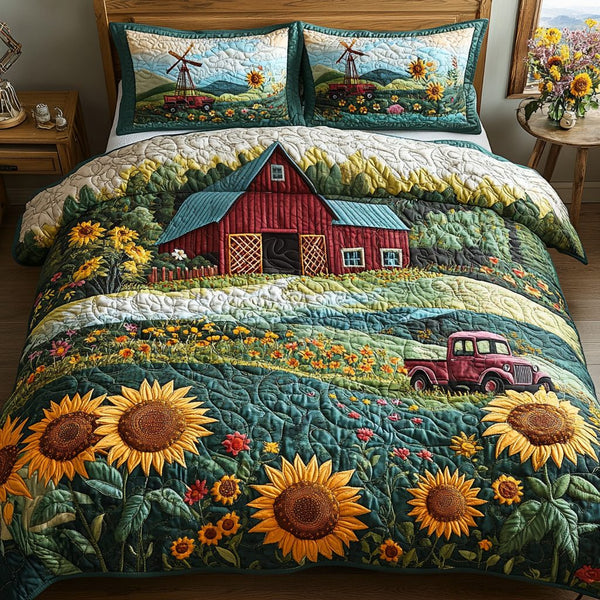 Farmhouse Views quilted 3-piece bedding set on a made bed in a farmhouse bedroom