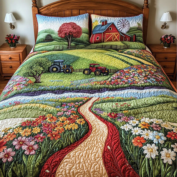 Farmland Glory quilted 3-piece bedding set on a made bed with two matching pillow shams