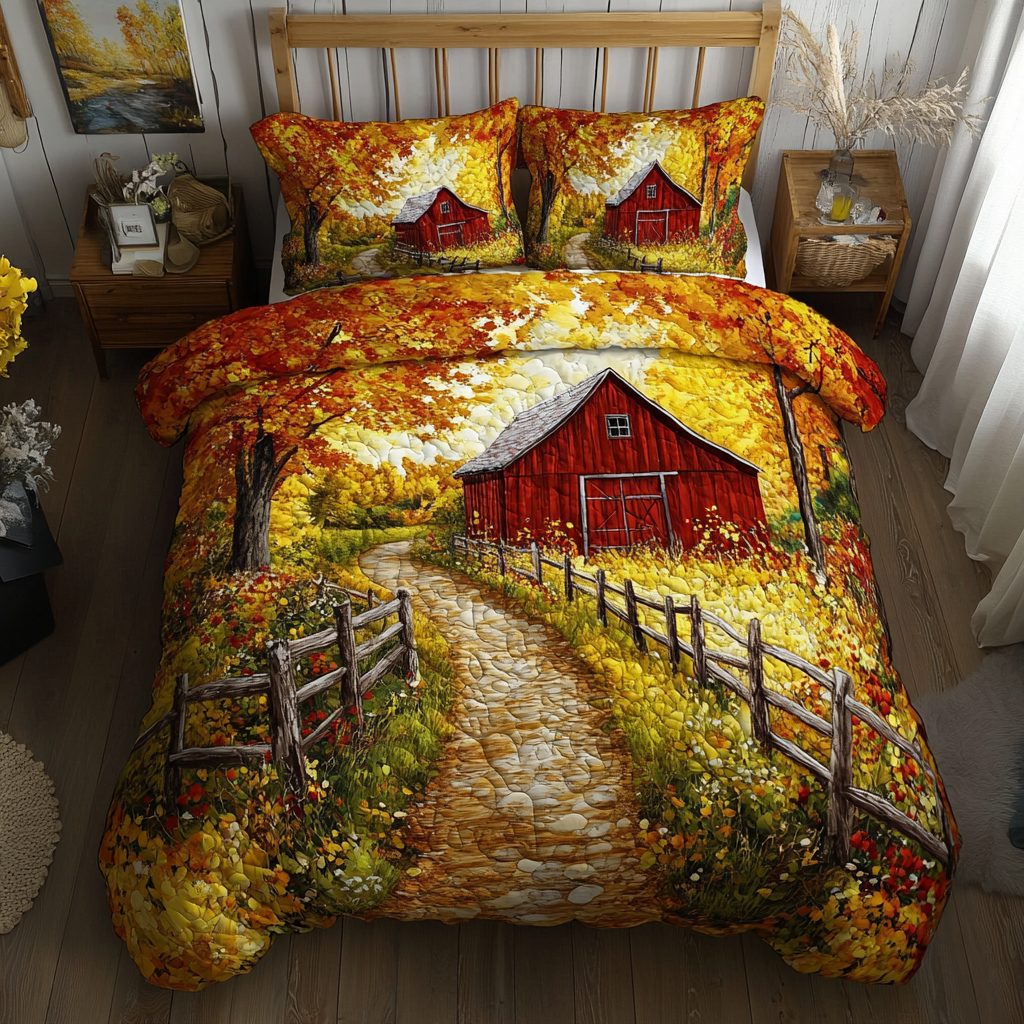 Farmstead Bliss quilted 3-piece bedding set on a made bed with two matching pillow shams