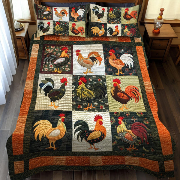 Farmstead Fowl quilted 3-piece bedding set on a made bed with two matching pillow shams