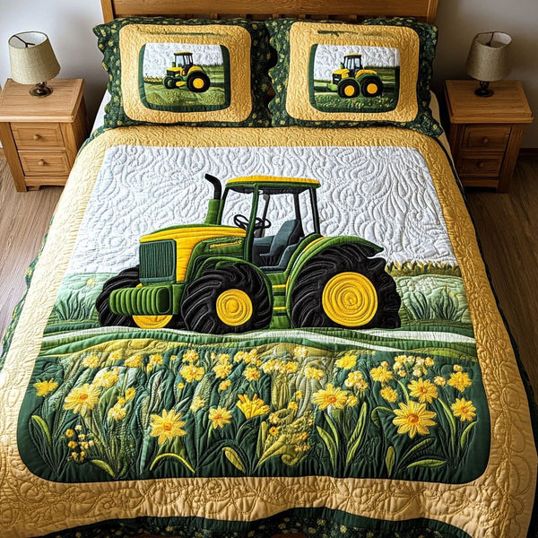 Farmstead Journey quilted 3-piece bedding set on a made bed with two matching pillow shams