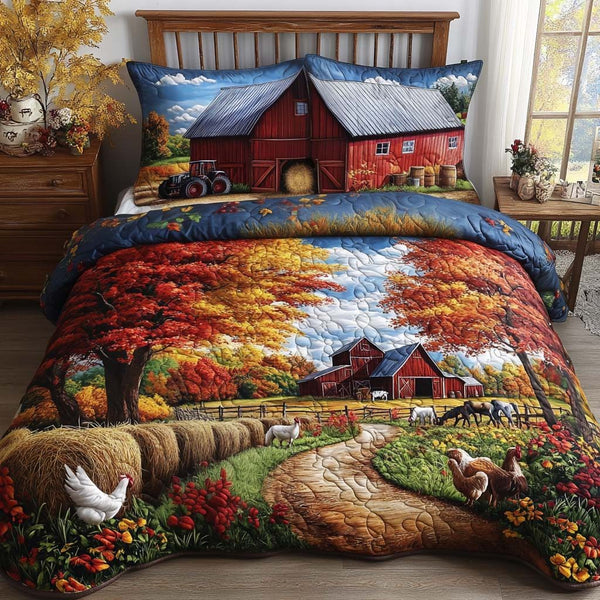 Farmstead Morning quilted 3-piece bedding set on a made bed with two matching pillow shams