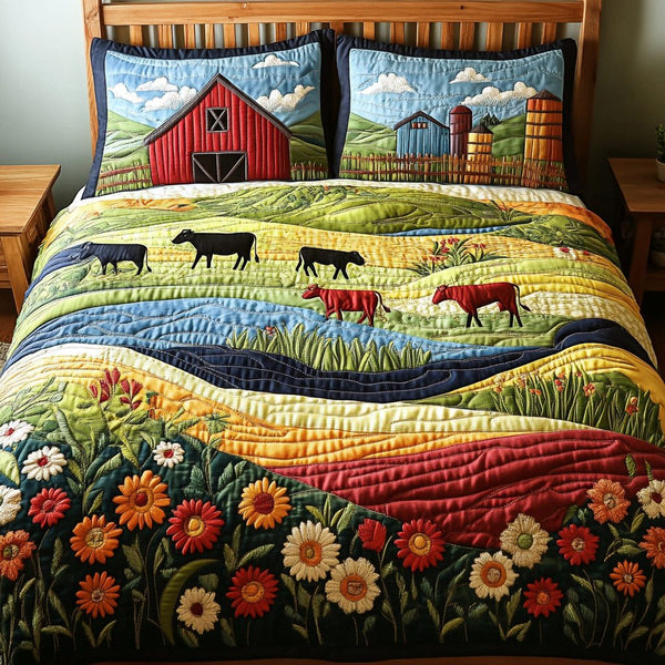 Farmstead Vibes quilted 3-piece bedding set on a made bed with two matching pillow shams