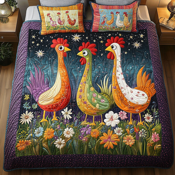Farmyard Blossom quilted 3-piece bedding set on a made bed with two matching pillow shams