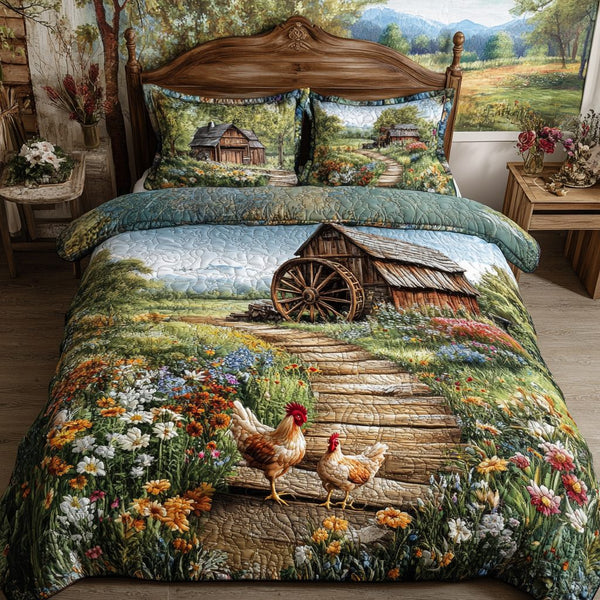 Farmyard Charm quilted 3-piece bedding set on a made bed with two matching pillow shams