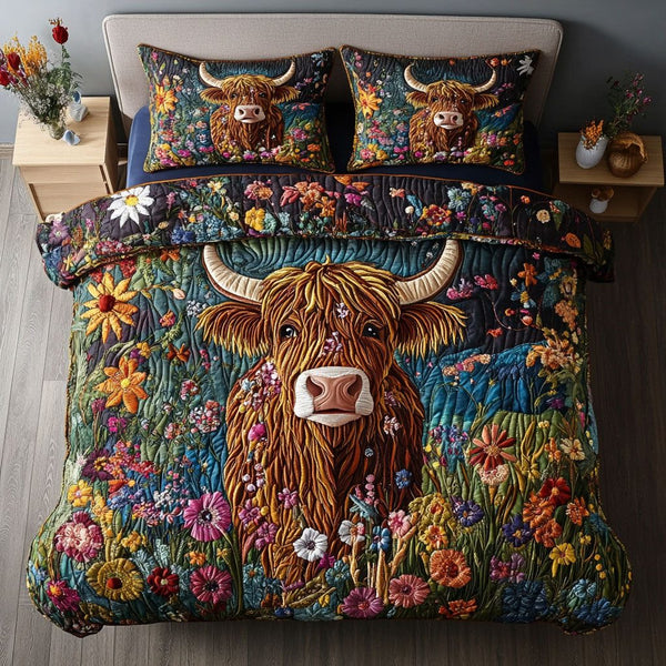 Farmyard Delight quilted 3-piece bedding set on a made bed with two matching pillow shams