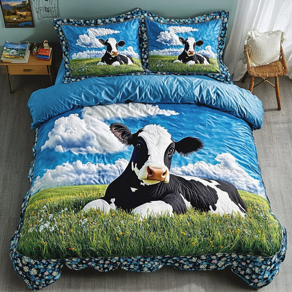 Farmyard Friend quilted 3-piece bedding set on a made bed with two matching pillow shams