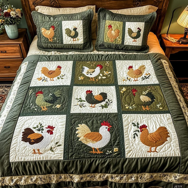 Farmyard Friends quilted 3-piece bedding set on a made bed with two matching pillow shams