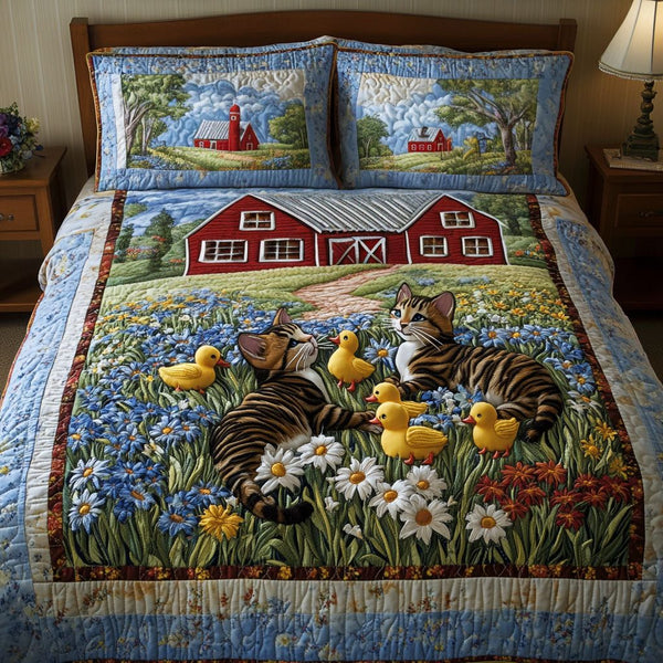Farmyard Friends quilted 3-piece bedding set on a made bed with two matching pillow shams