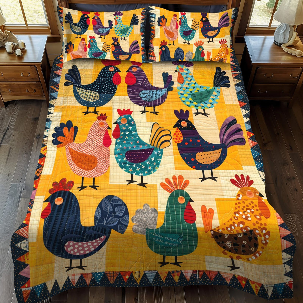 Farmyard Friends quilted 3-piece bedding set on a made bed with two matching pillow shams