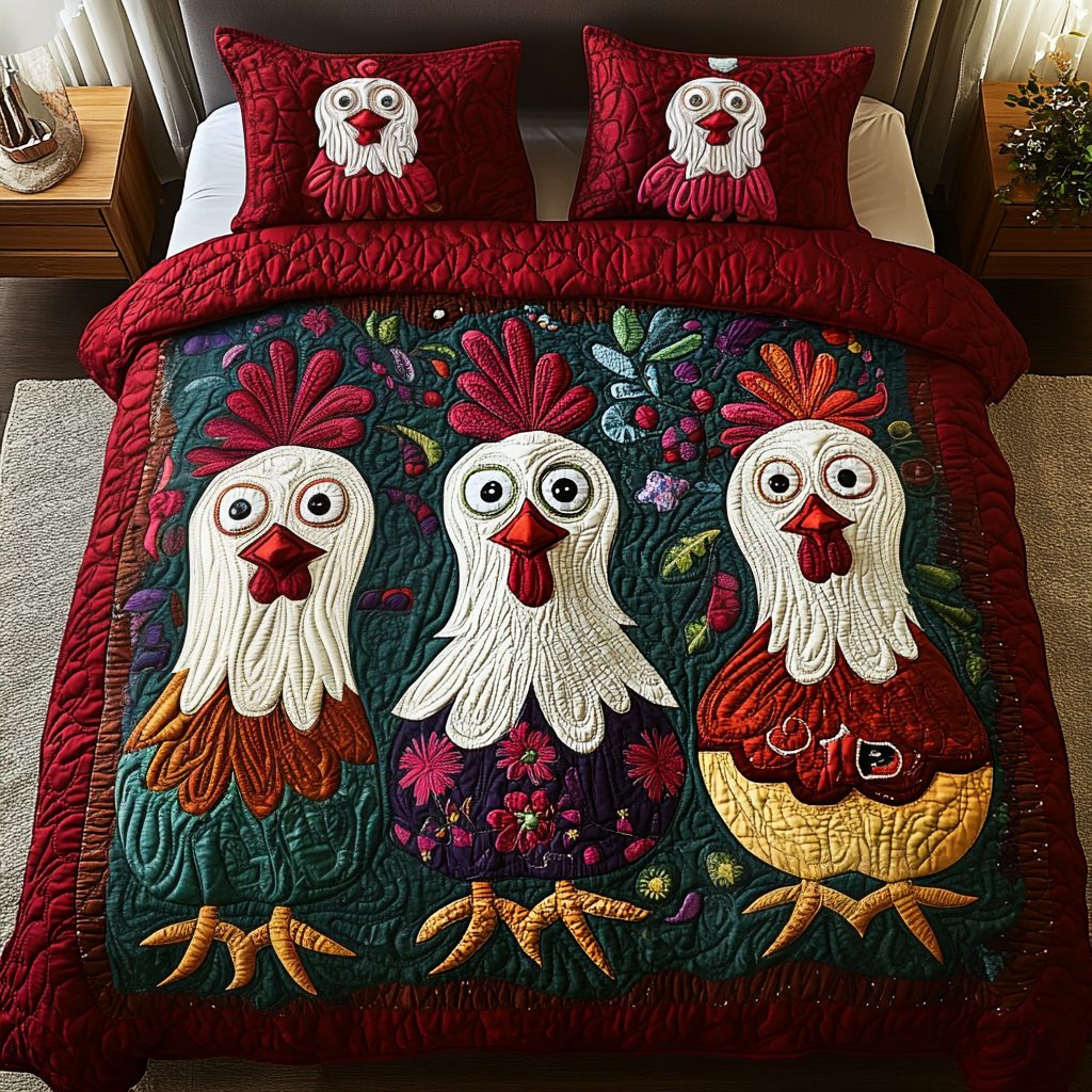 Farmyard Fun quilted 3-piece bedding set on a made bed with two matching pillow shams