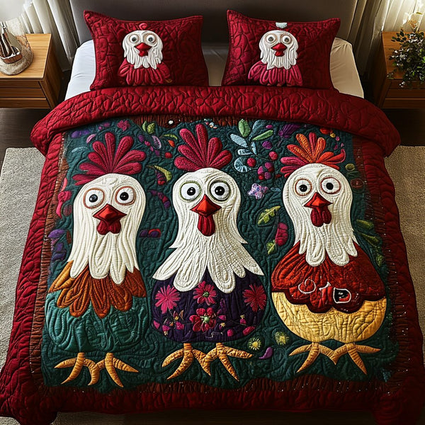 Farmyard Fun quilted 3-piece bedding set on a made bed with two matching pillow shams