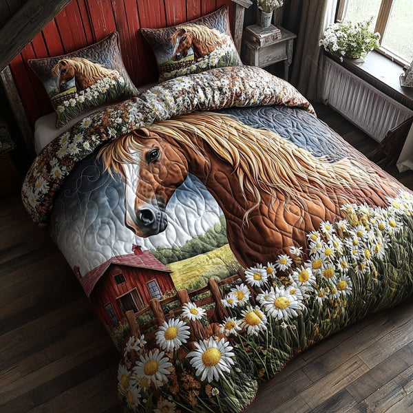 FarmYard Horse quilted 3-piece bedding set on a made bed in a rustic timber bedroom