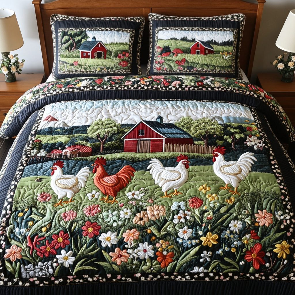 Farmyard Joy quilted 3-piece bedding set on a made bed with two matching pillow shams