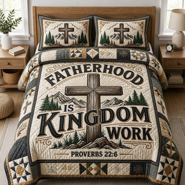 Fatherhood Is Kingdom Work quilted 3-piece bedding set on a made bed with two matching pillow shams
