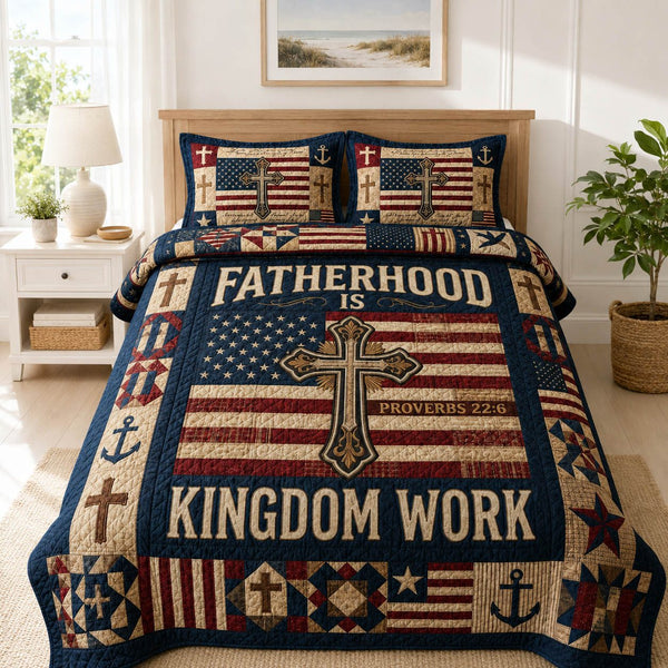 Fatherhood Is Kingdom Work quilted 3-piece bedding set on a made bed with two matching pillow shams